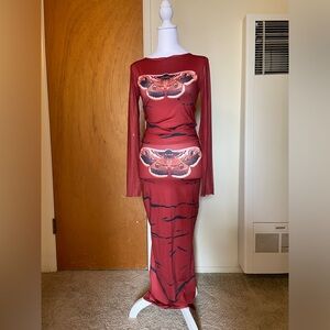 Beautiful Moth print red mesh dress set